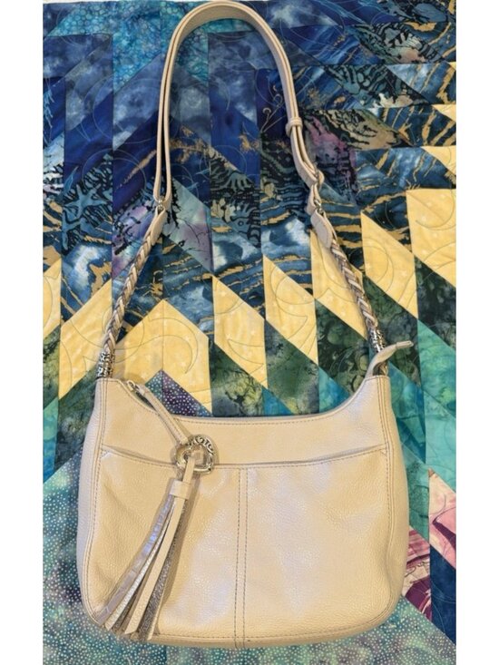 Brighton Handbags - Brighton Barbados Purse Bag Beige Pebbled Braided Genuine Leather Top Zip Hobo
